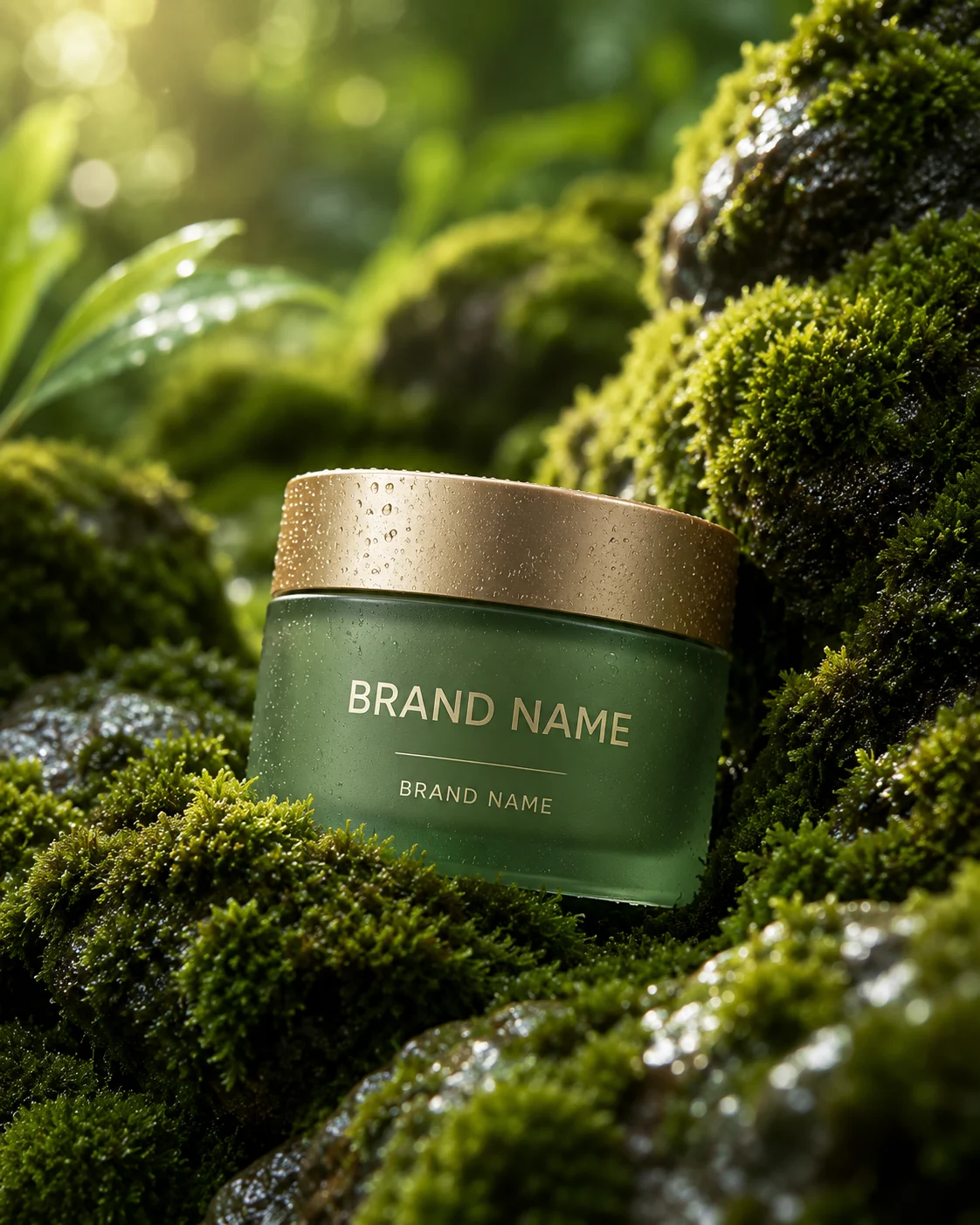 A frosted green glass cosmetic cream jar with gold lid on moss-covered rocks in a forest, soft lighting, macro detail.