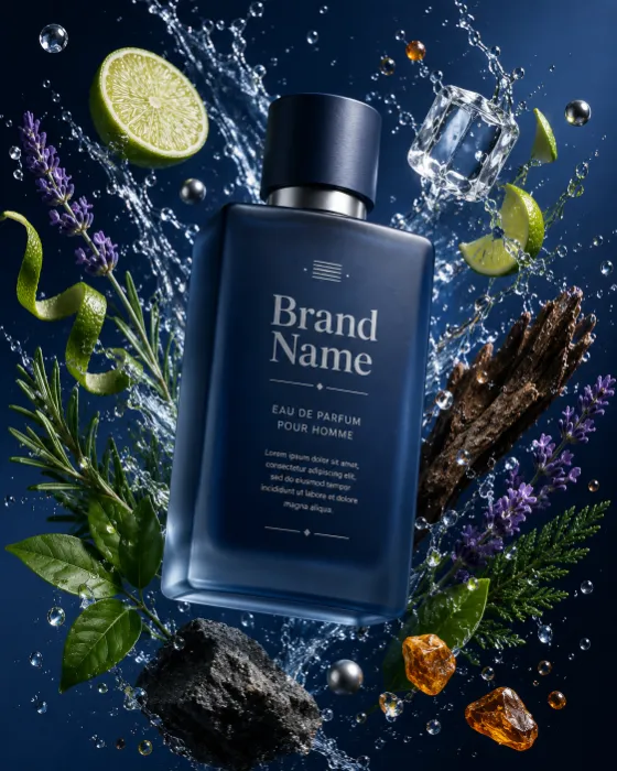 A frosted-glass perfume bottle floating among lime slices, lavender, and water splashes against a navy background.