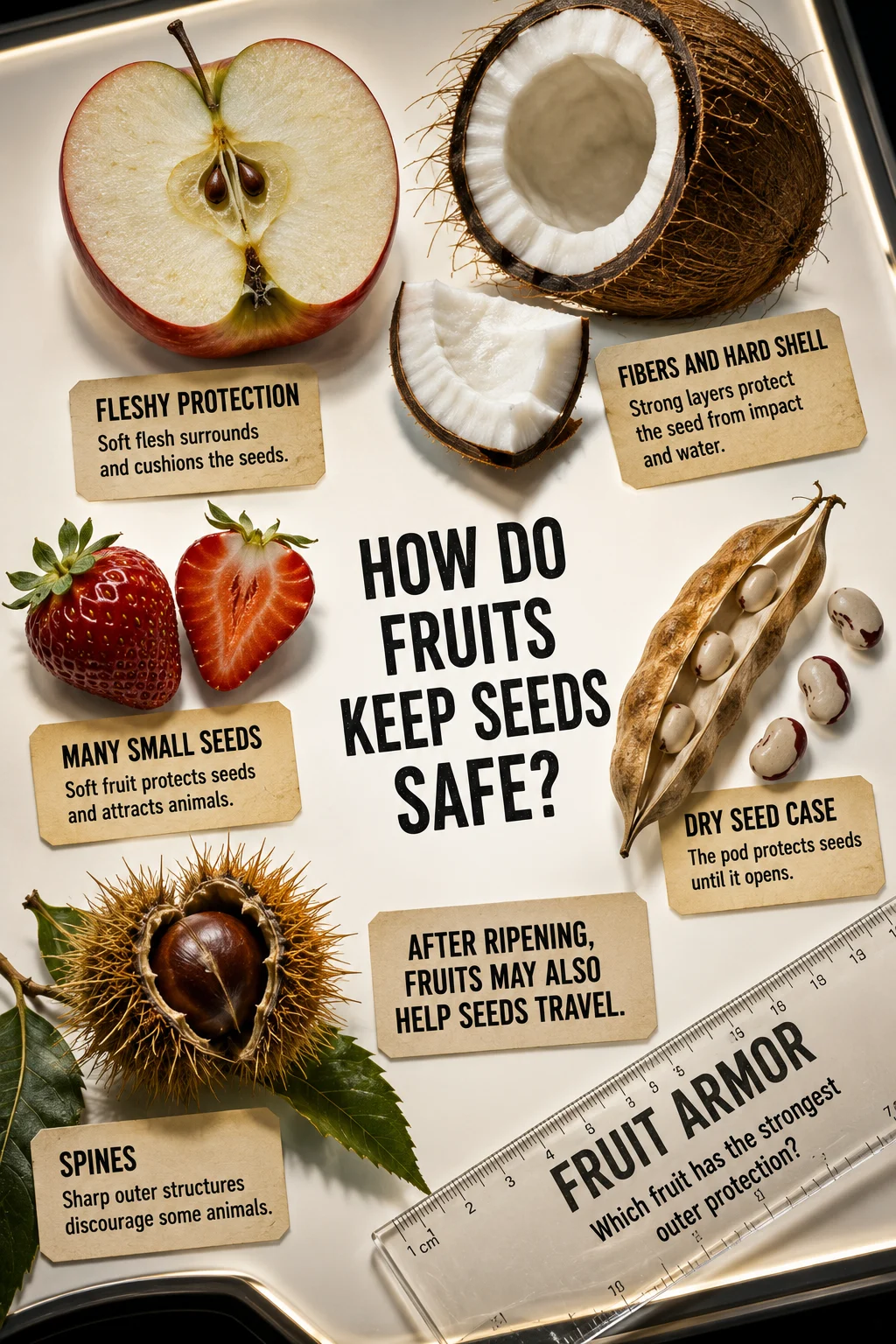 Educational fruit specimen display with five cut-open examples showing flesh, fibers, shells, pods, spines, and natural seed positions.