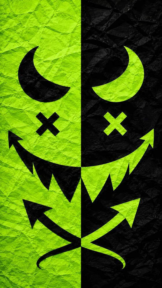 Vertical neon green and black abstract face wallpaper with crumpled paper texture and a jagged smile.