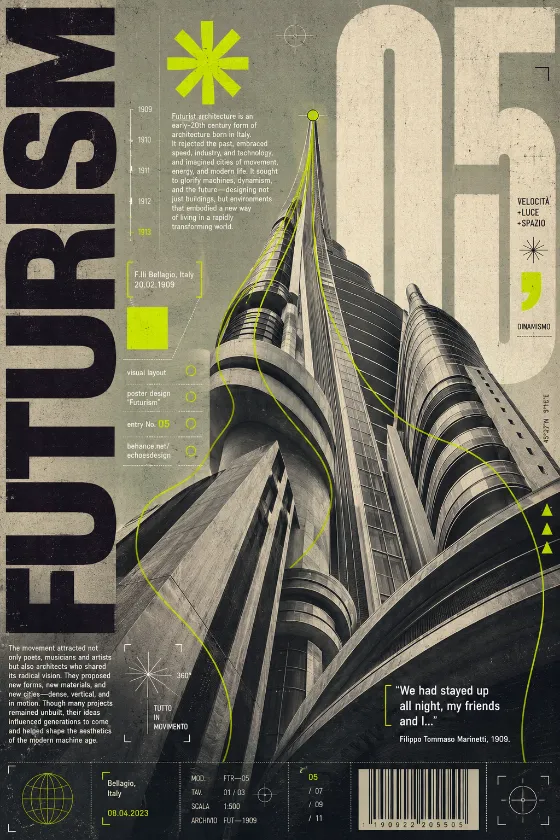 Experimental Futurism architecture poster with vertical black lettering, pale oversized numerals, a neon green asterisk, curved lines, and technical annotations.