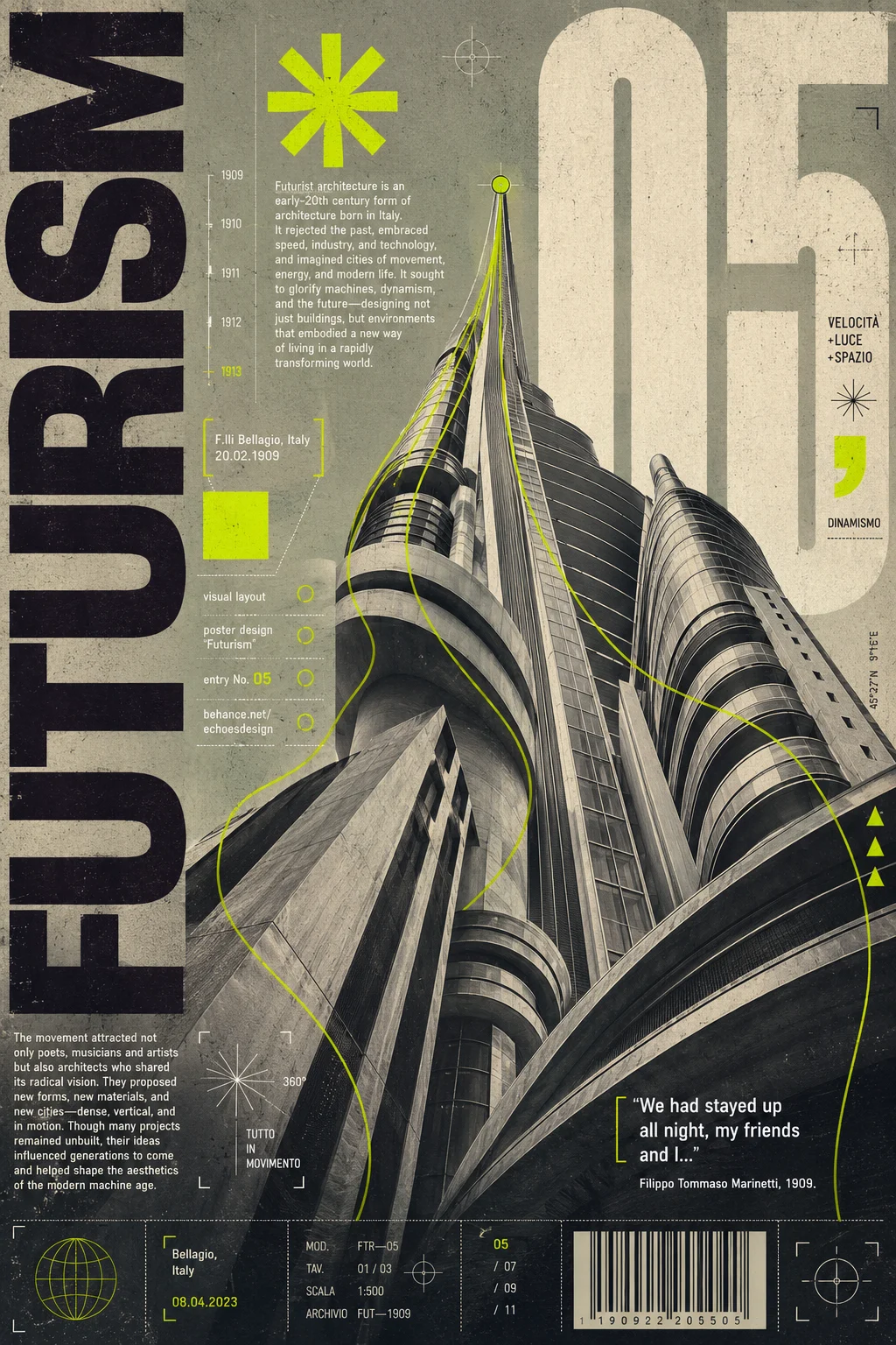 Experimental Futurism architecture poster with vertical black lettering, pale oversized numerals, a neon green asterisk, curved lines, and technical annotations.