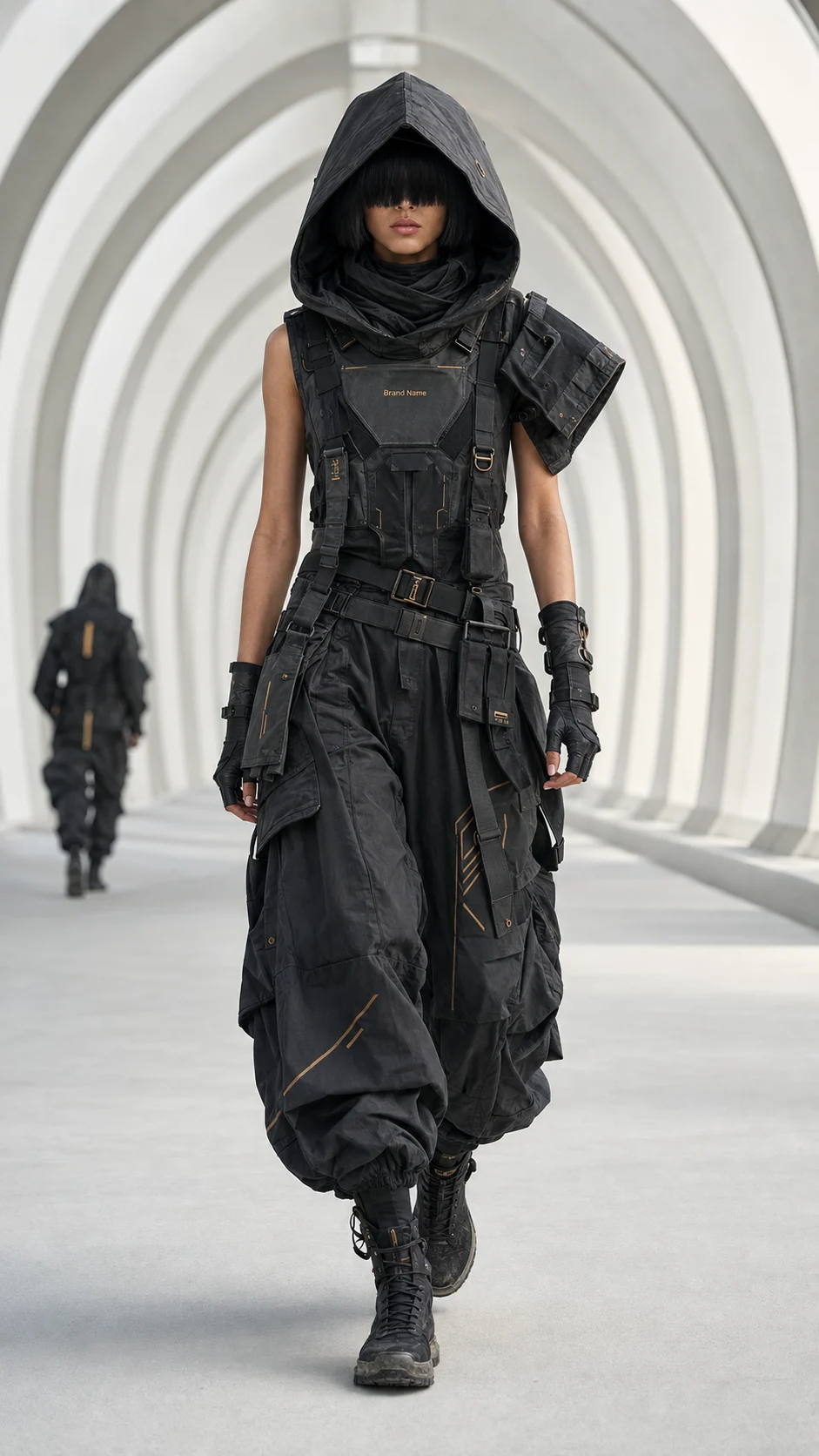 Hooded fashion model in dark tactical layers and wide cargo trousers walking toward the camera in a pale arched corridor.