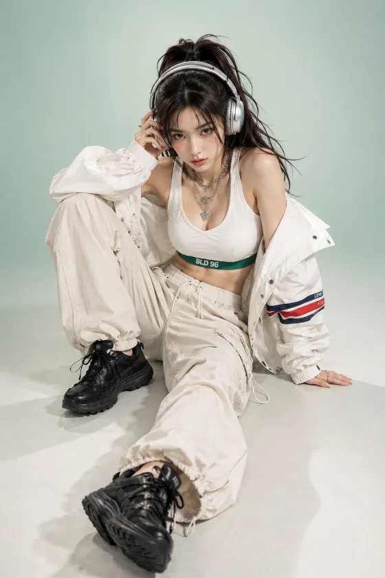 Vertical futuristic athleisure editorial with silver headphones, cream trousers, black sneakers, and a pale mint background.