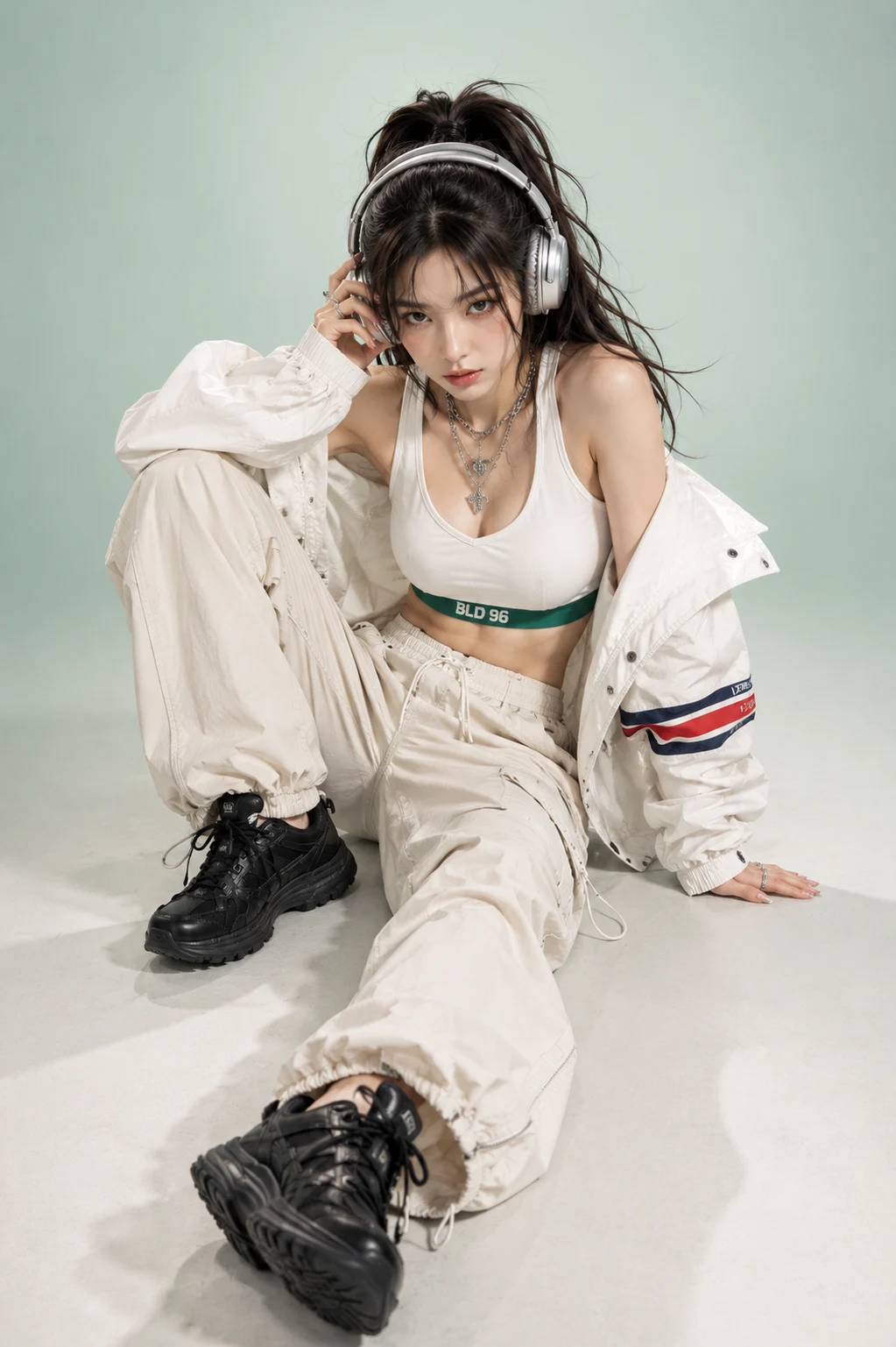 Vertical futuristic athleisure editorial with silver headphones, cream trousers, black sneakers, and a pale mint background.