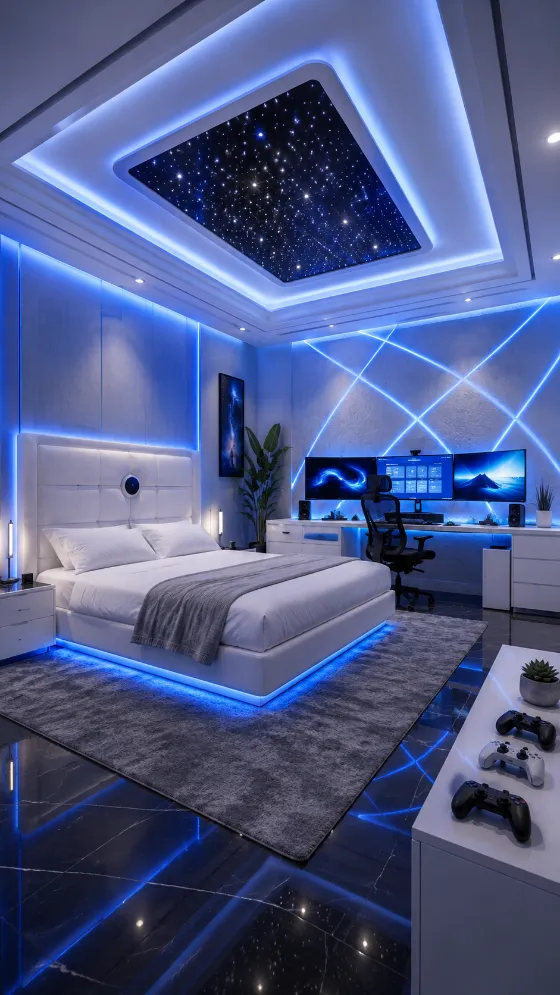 Blue-lit futuristic gaming bedroom with white upholstered bed, multi-monitor desk, and geometric LED wall.