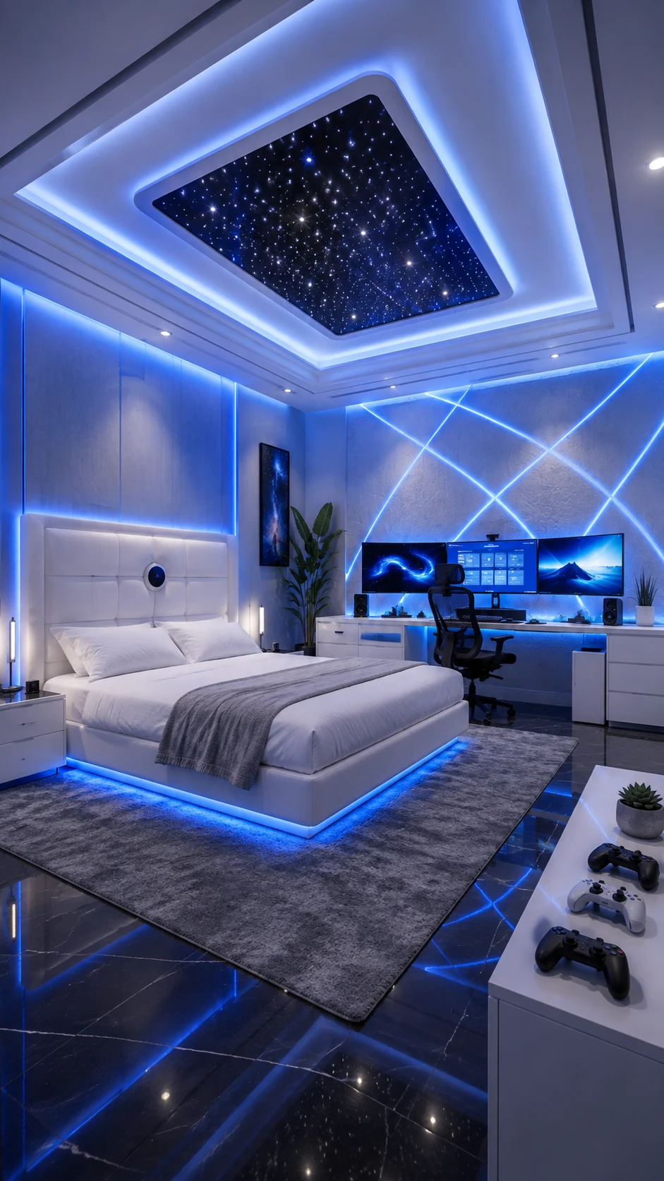 Blue-lit futuristic gaming bedroom with white upholstered bed, multi-monitor desk, and geometric LED wall.