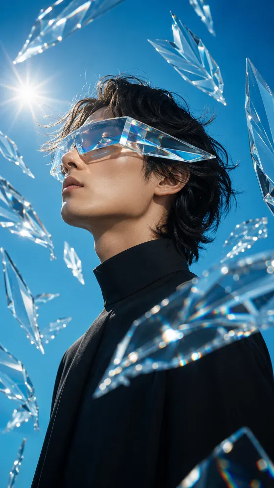 Side-profile fashion model in black wearing a clear angular visor among floating crystal forms against a bright blue sky.