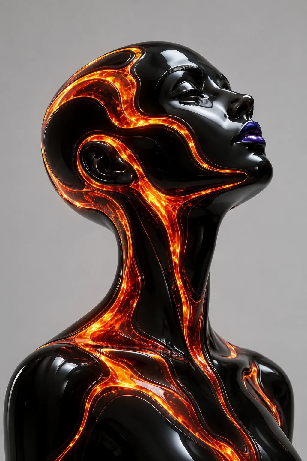 Futuristic glossy black bust with orange-red glowing channels and an upward-tilted head.