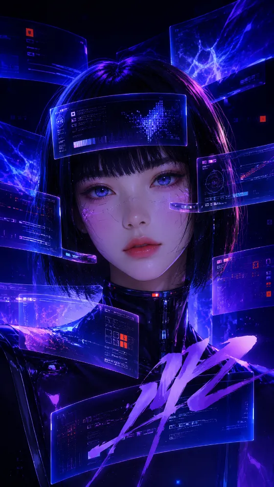 Vertical futuristic poster of an original illustrated character surrounded by floating holographic interface panels and neon blue-violet gradients.