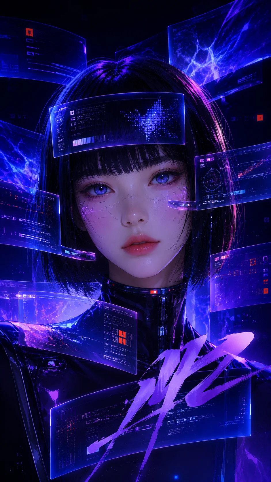 Vertical futuristic poster of an original illustrated character surrounded by floating holographic interface panels and neon blue-violet gradients.