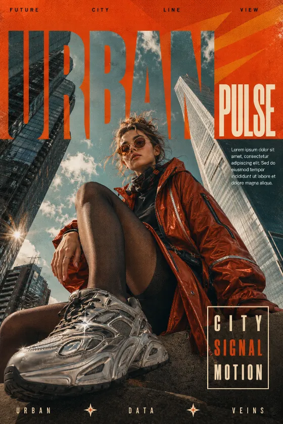 Vertical fashion editorial showing a low-angle model in orange streetwear between skyscrapers with large urban typography.
