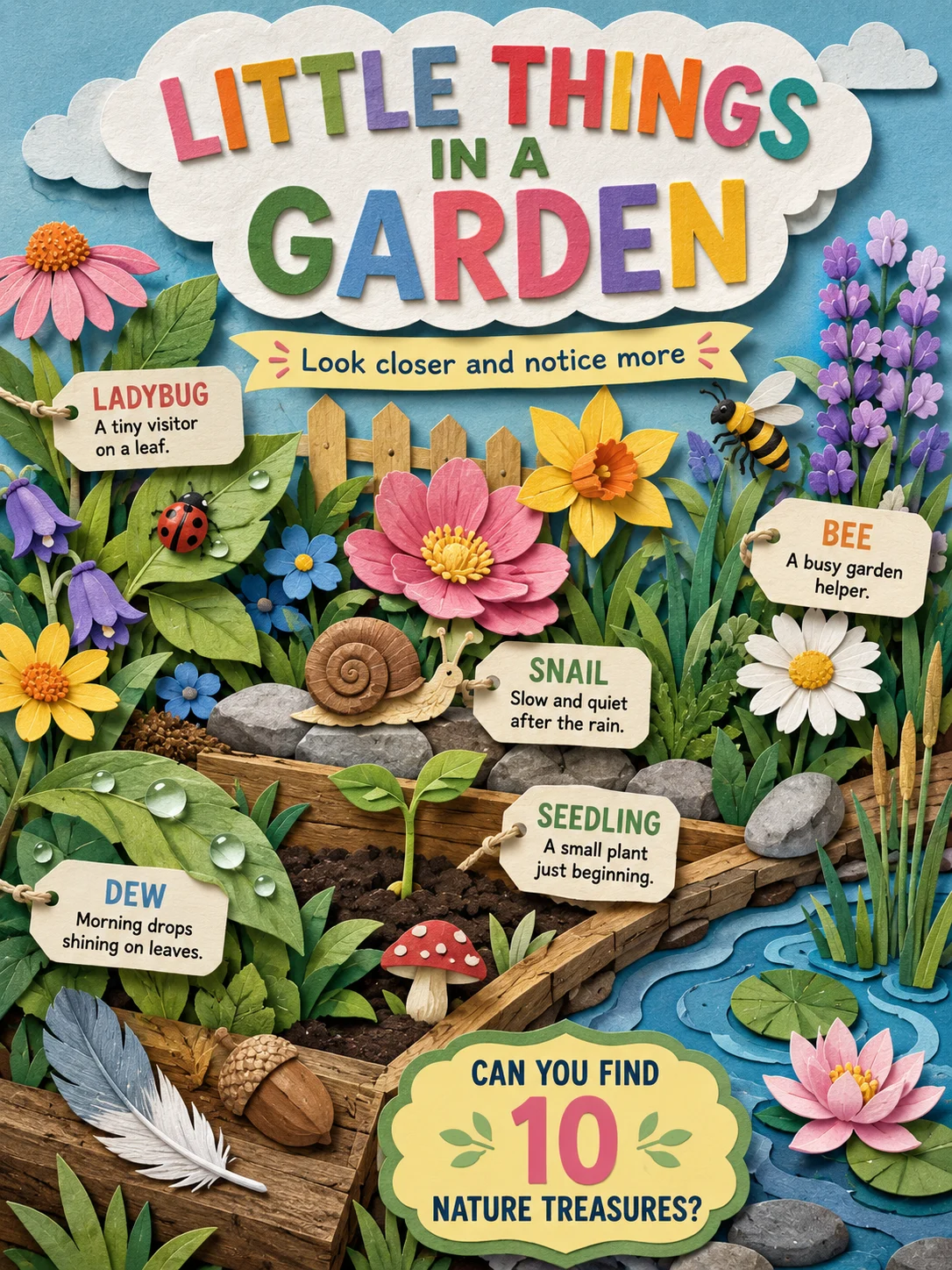 Educational paper-cut garden scene with ten hidden nature objects, labeled ladybug, snail, seedling, bee, dew, and a find-the-treasures badge.