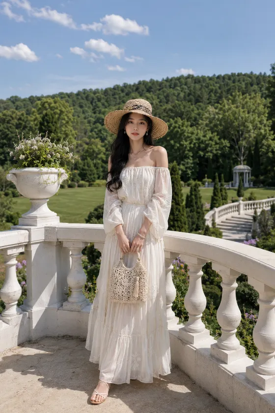 Luxury outdoor editorial portrait on a white garden terrace.