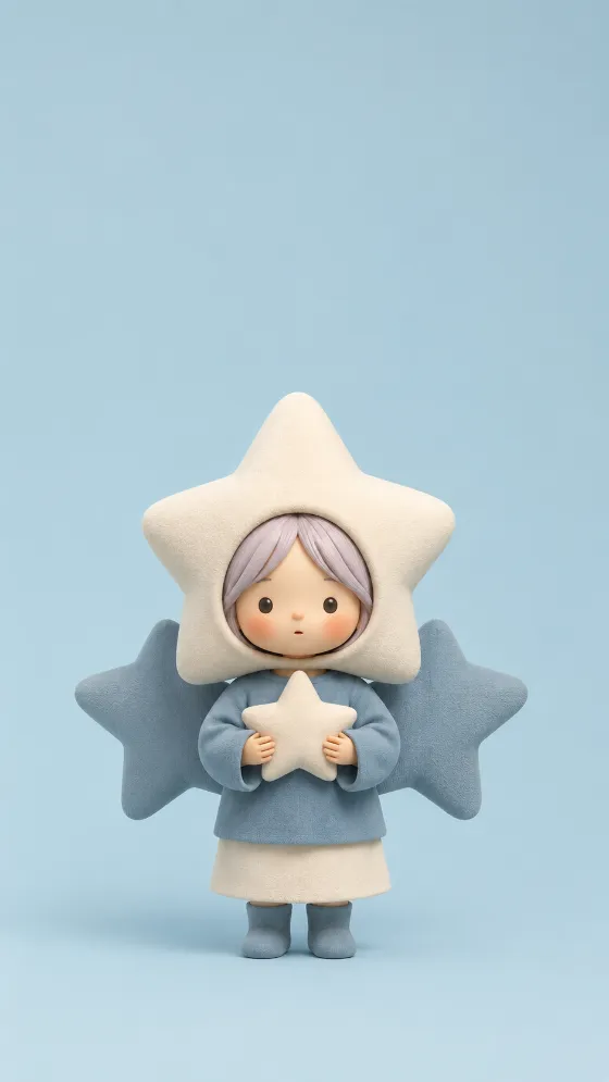Pastel childlike star guardian holding a plush star with soft blue-gray wings behind.