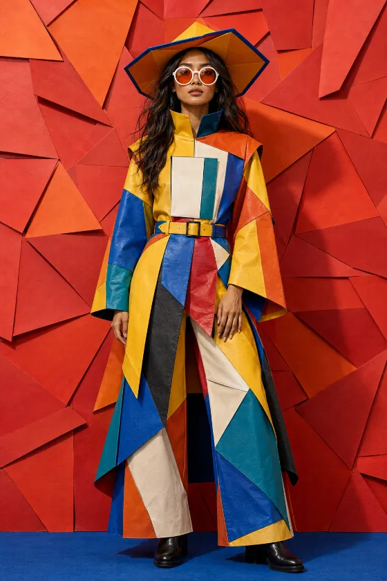 Full-body editorial fashion image of a young Southeast Asian woman in a colorful geometric patchwork outfit against a red-orange relief background.