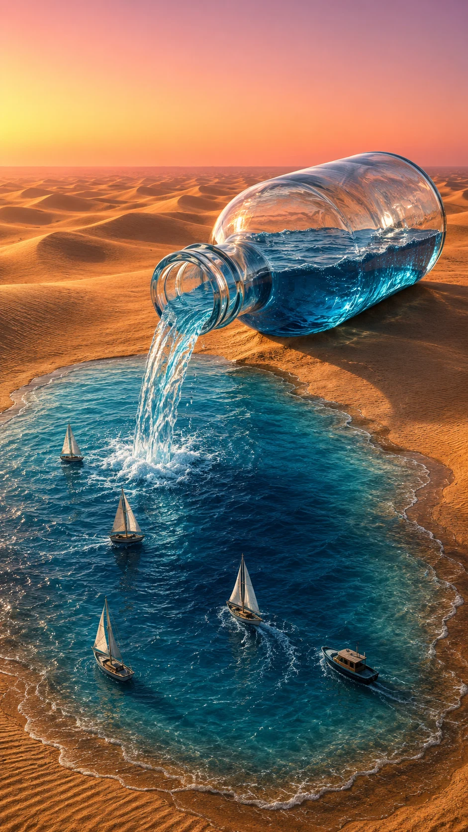 Giant clear glass bottle pouring deep-blue into golden desert dunes while sail across the pool.