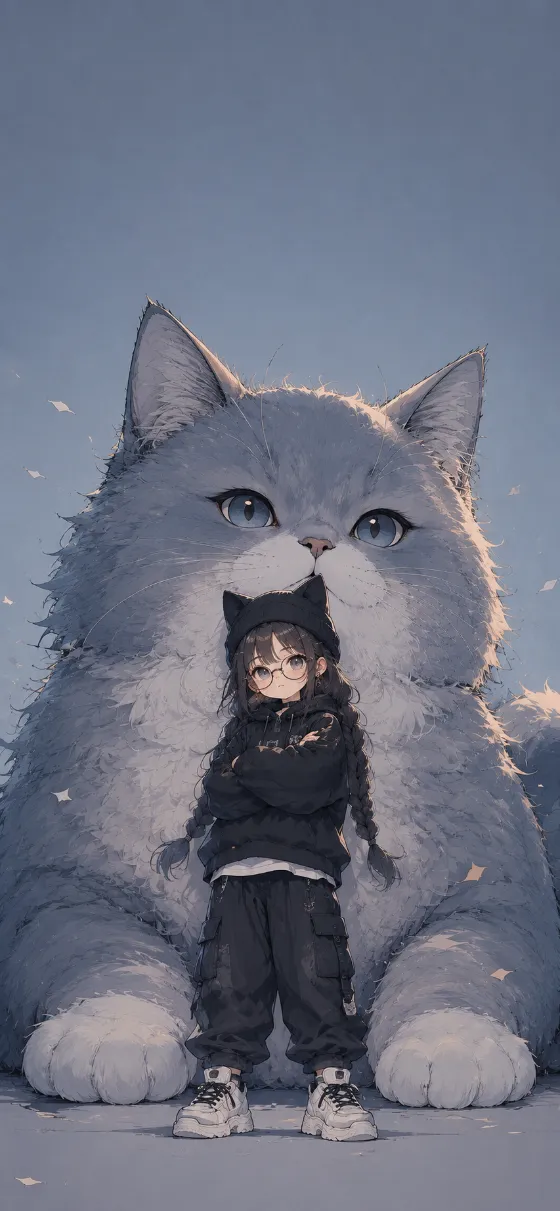 Tiny anime-style girl with glasses, braided hair, black cat-ear clothing, and white sneakers standing in front of a giant fluffy gray-blue cat.