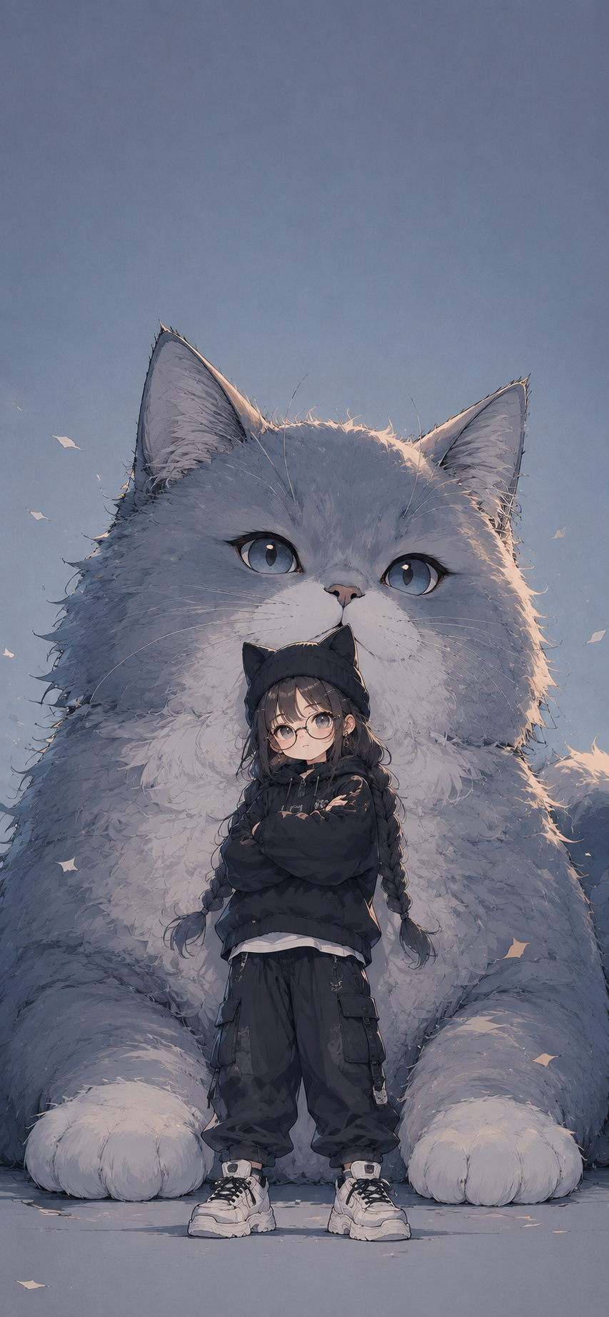 Tiny anime-style girl with glasses, braided hair, black cat-ear clothing, and white sneakers standing in front of a giant fluffy gray-blue cat.