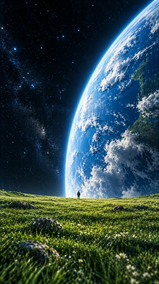 A tiny person stands in a green meadow beneath a giant curved Earth and a star-filled black sky.
