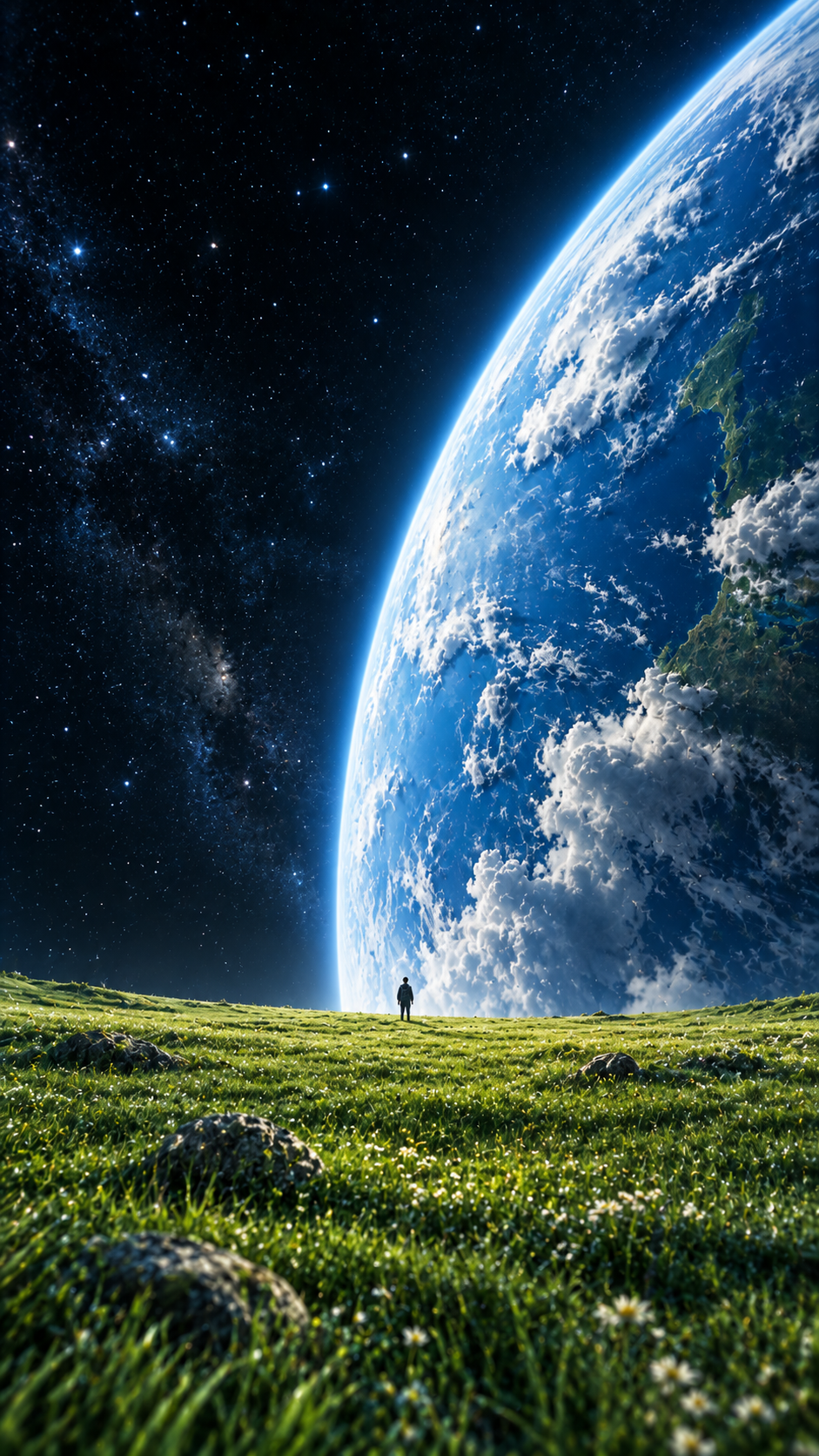 A tiny person stands in a green meadow beneath a giant curved Earth and a star-filled black sky.