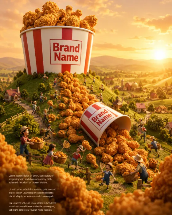 Stylized 3D commercial scene with a giant fried chicken bucket in a miniature countryside.