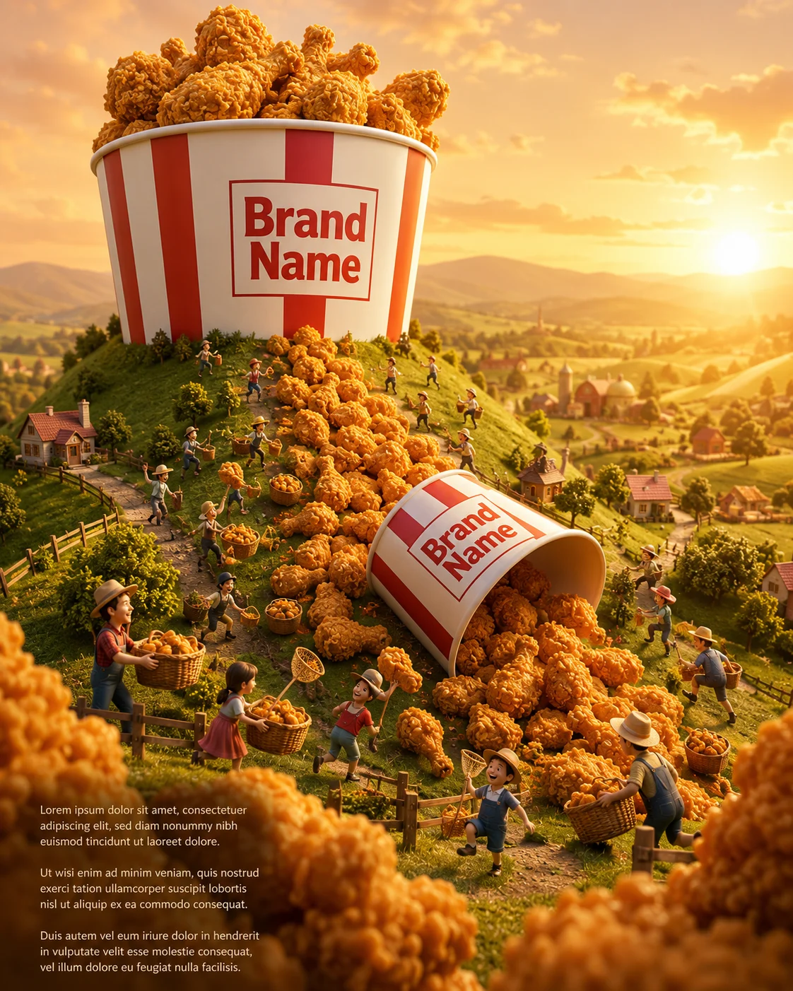 Stylized 3D commercial scene with a giant fried chicken bucket in a miniature countryside.