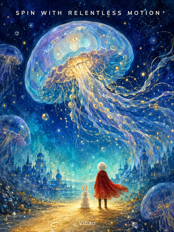 Vertical fantasy artwork of a luminous jellyfish towering over a small cloaked traveler and rabbit in a blue dreamscape.