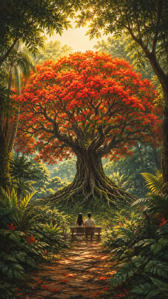 Two people sitting on a bench beneath a giant red-orange flowering tree in a lush green forest
