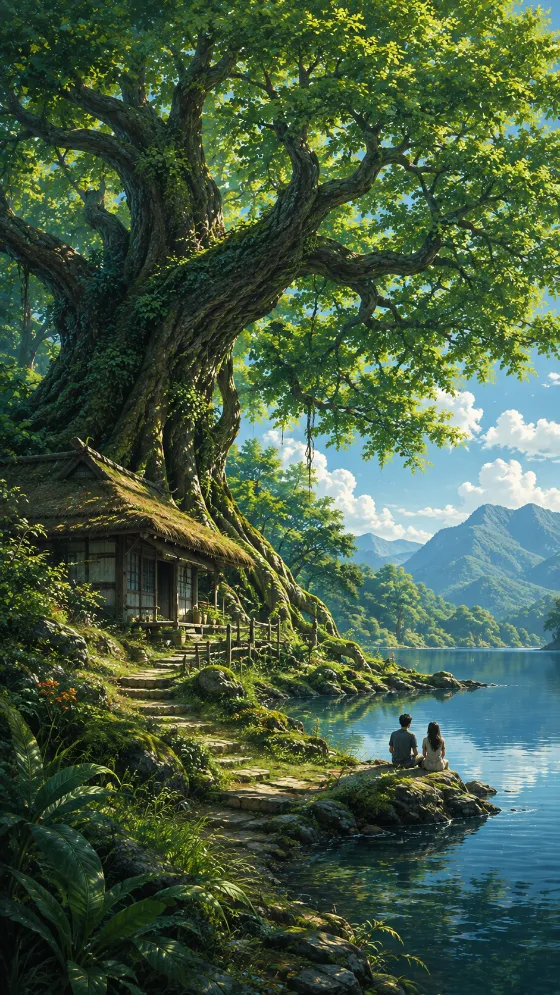 Painterly vertical forest wallpaper with a giant tree, rustic cottage, lake, mountains, and two seated figures.