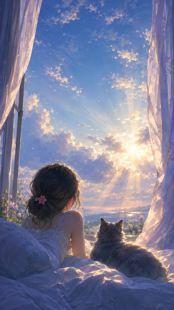 Dreamy girl and fluffy gray cat looking through an open window at sunlit blue clouds