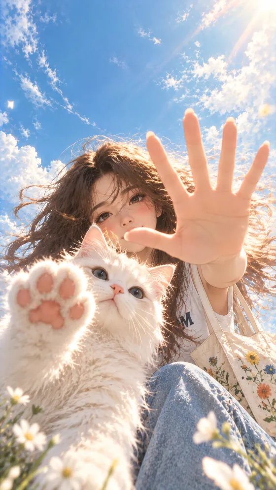 Anime-inspired girl with long brown hair and a fluffy white cat reaching toward the viewer beneath a bright blue sky.