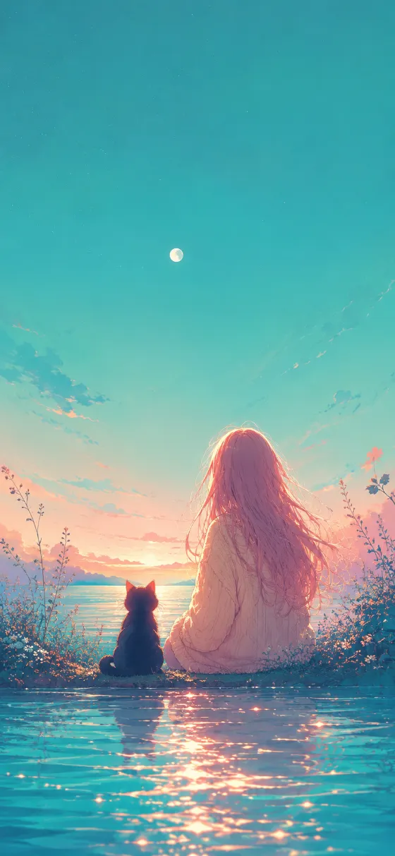 Soft-anime rear view of a peach-haired girl and dark cat sitting beside reflective turquoise water beneath a tiny moon and open sky.