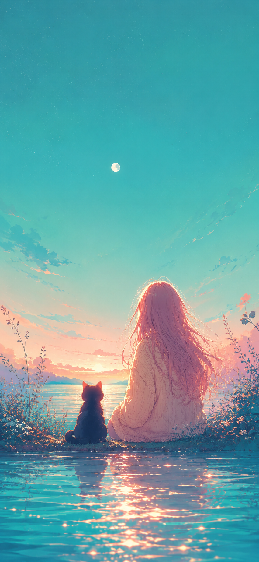 Soft-anime rear view of a peach-haired girl and dark cat sitting beside reflective turquoise water beneath a tiny moon and open sky.