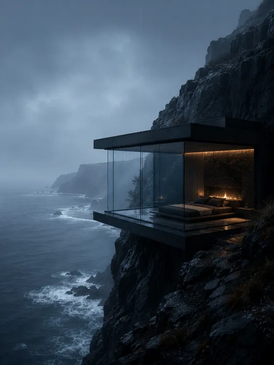 Modern glass bedroom cantilevered from a dark cliff above a misty ocean in rain with warm fireplace light.