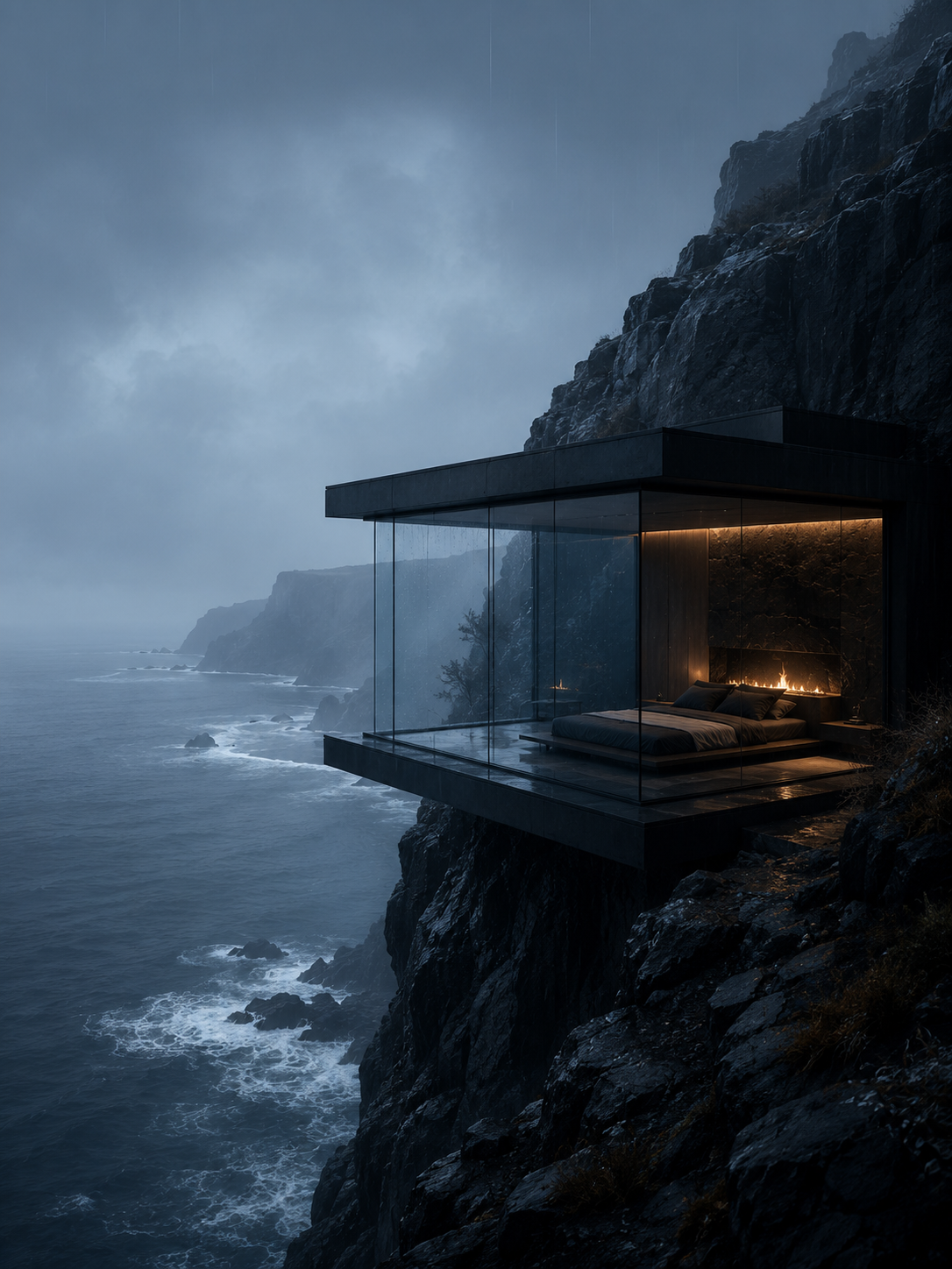 Modern glass bedroom cantilevered from a dark cliff above a misty ocean in rain with warm fireplace light.