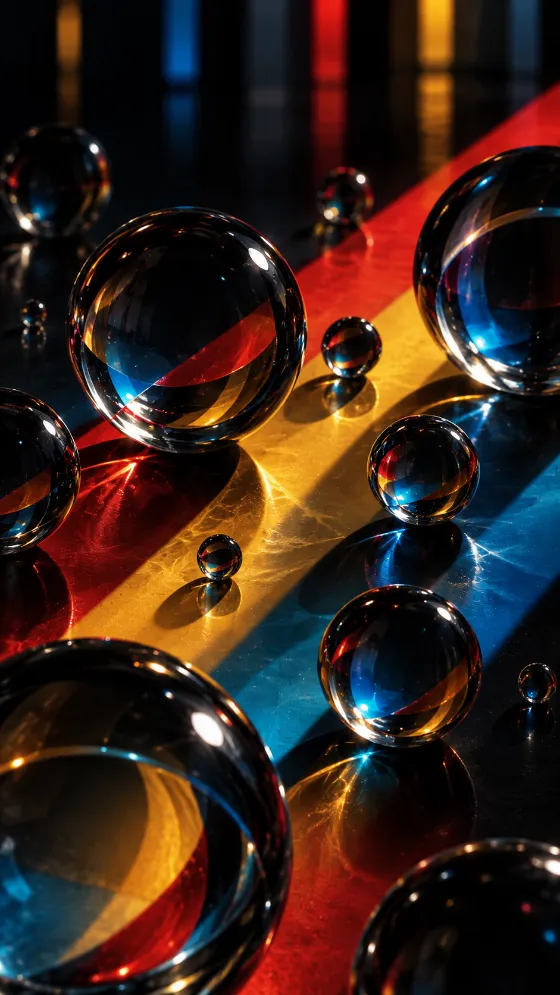 Vertical phone wallpaper with overlapping dark transparent glass spheres reflecting red, yellow, and cyan diagonal color fields.