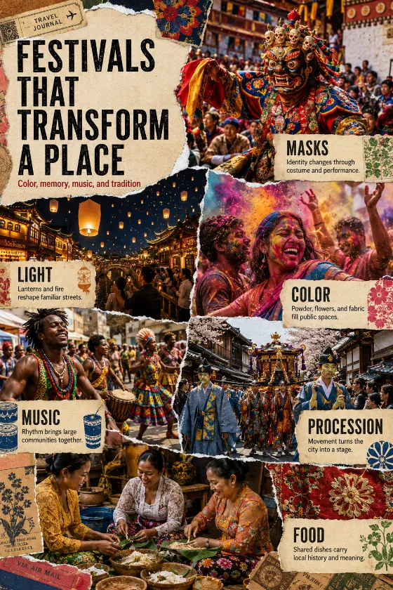Educational cultural collage with six festival themes, distinct people and settings, torn paper photography, textile details, lanterns, masks, drums, flowers, and food.