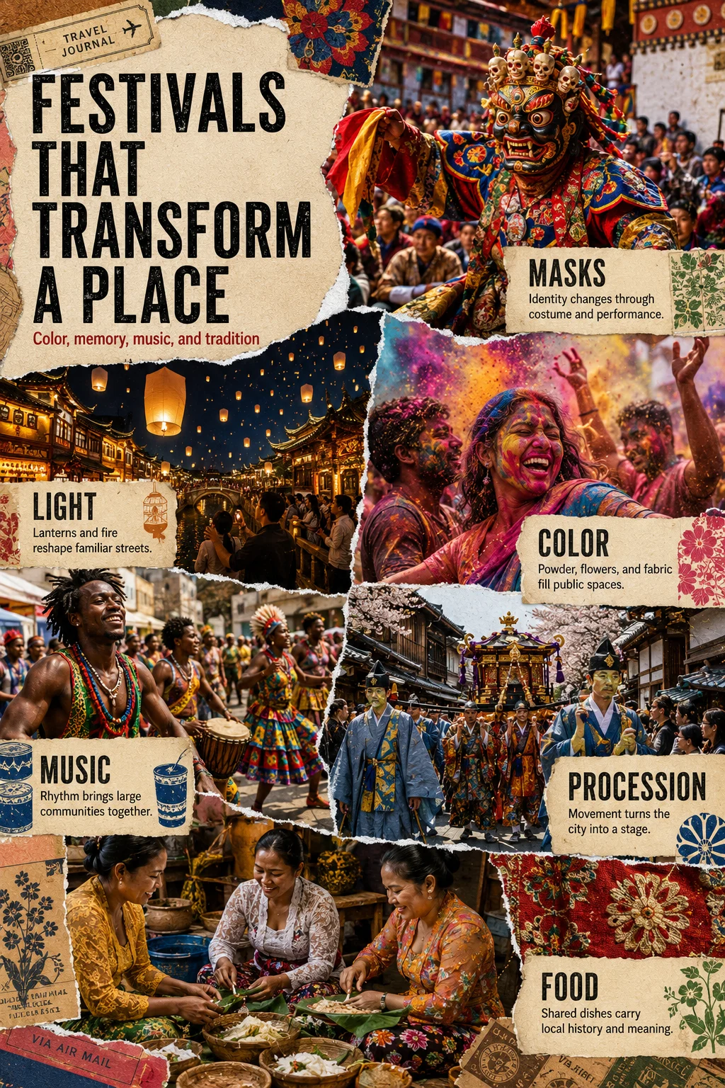 Educational cultural collage with six festival themes, distinct people and settings, torn paper photography, textile details, lanterns, masks, drums, flowers, and food.