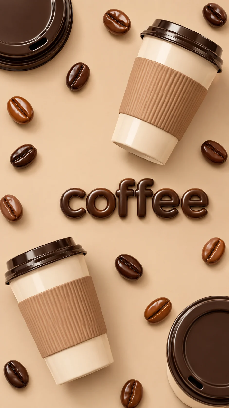 Vertical beige coffee poster with cups, beans, dark lids, and glossy lowercase typography.
