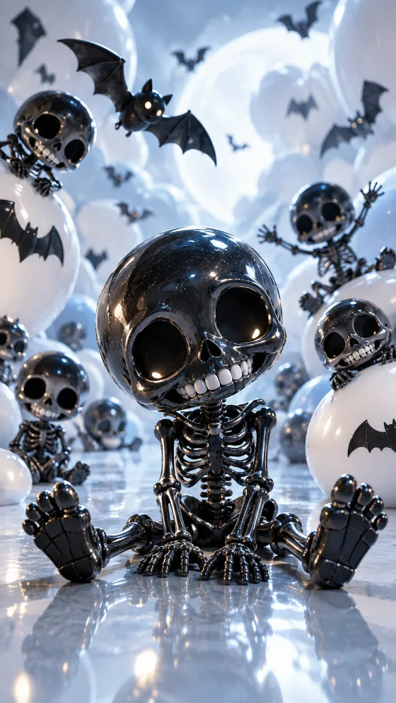 Cute glossy black miniature skeleton sitting among smaller skeletons and bats in a cool blue Halloween scene.