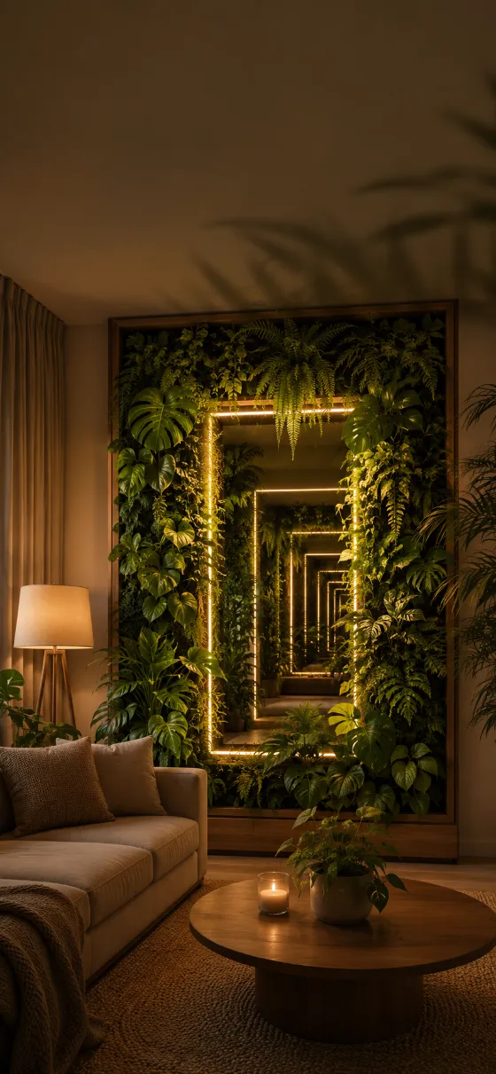 A cozy living room with a glowing vertical garden wall, lush plants, warm lights, and round wooden table.