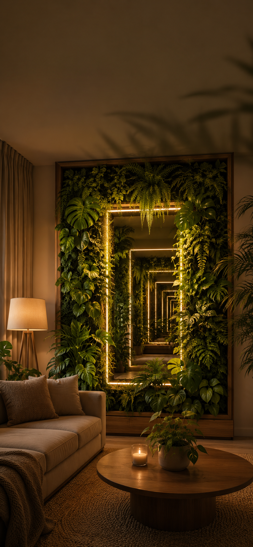 A cozy living room with a glowing vertical garden wall, lush plants, warm lights, and round wooden table.