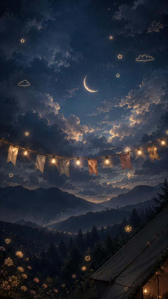 Dreamy mountain nightscape with a glowing crescent moon, luminous clouds, fairy lights, pastel flags, and dark forest silhouettes.