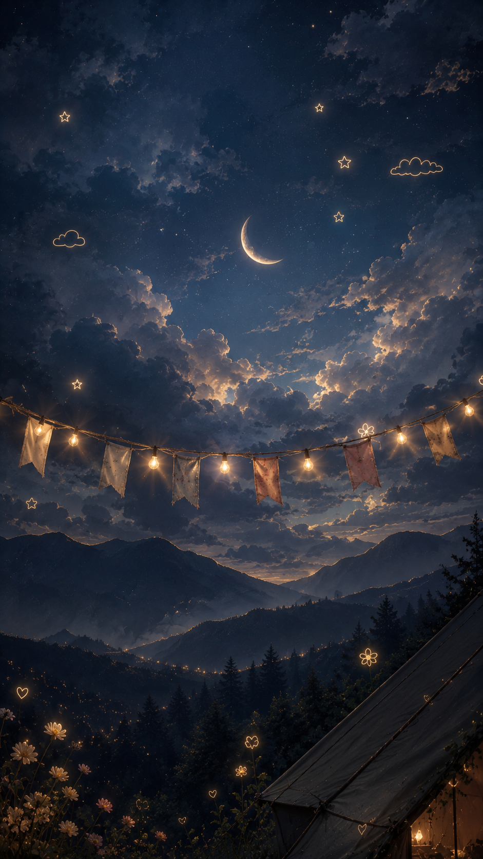 Dreamy mountain nightscape with a glowing crescent moon, luminous clouds, fairy lights, pastel flags, and dark forest silhouettes.