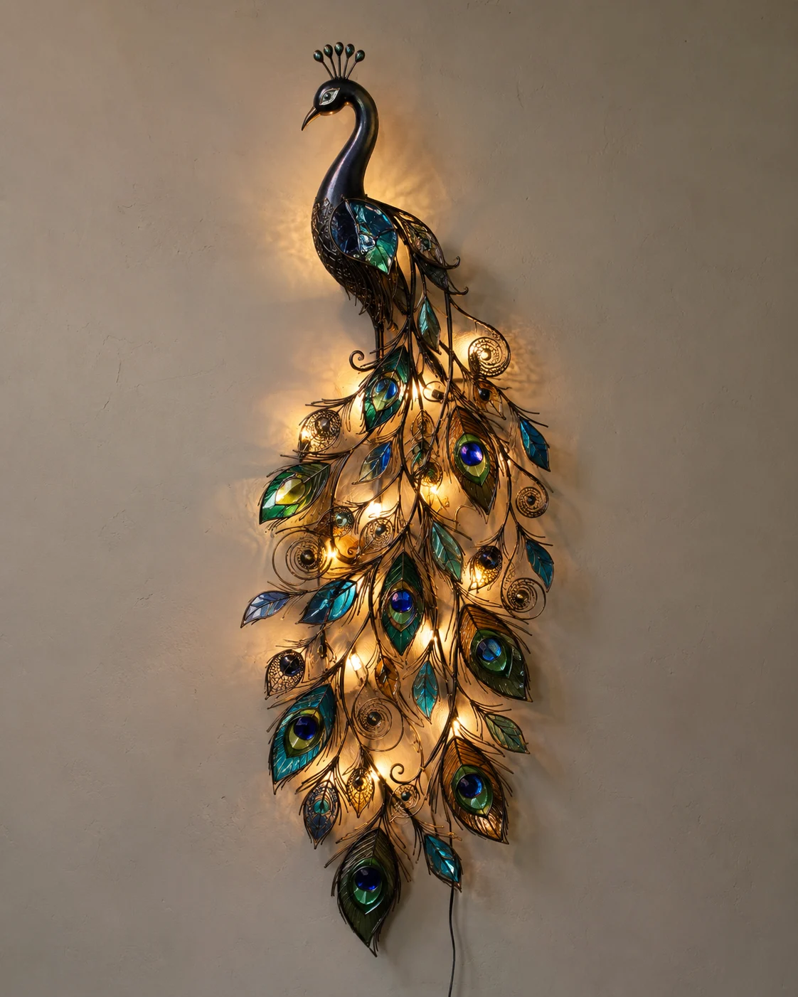 Vertical peacock wall decor light with colored glass-like feathers, dark metal curves, and warm halo lighting.