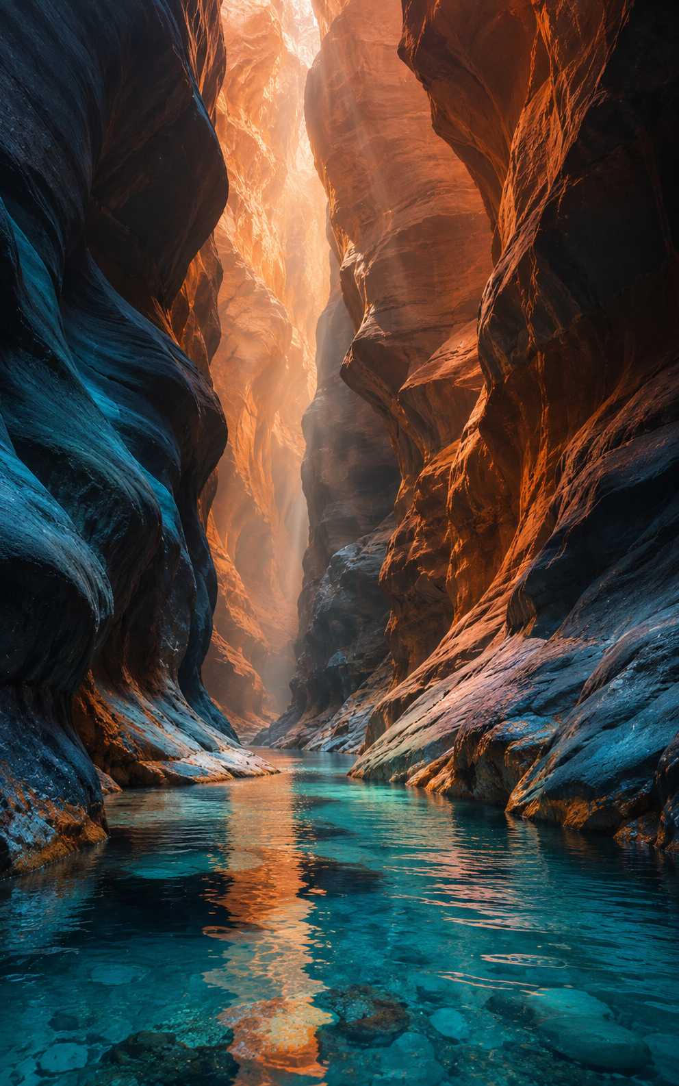 Cinematic slot canyon wallpaper with glowing orange sandstone, teal-blue shadows, sunbeams, and reflective turquoise water.