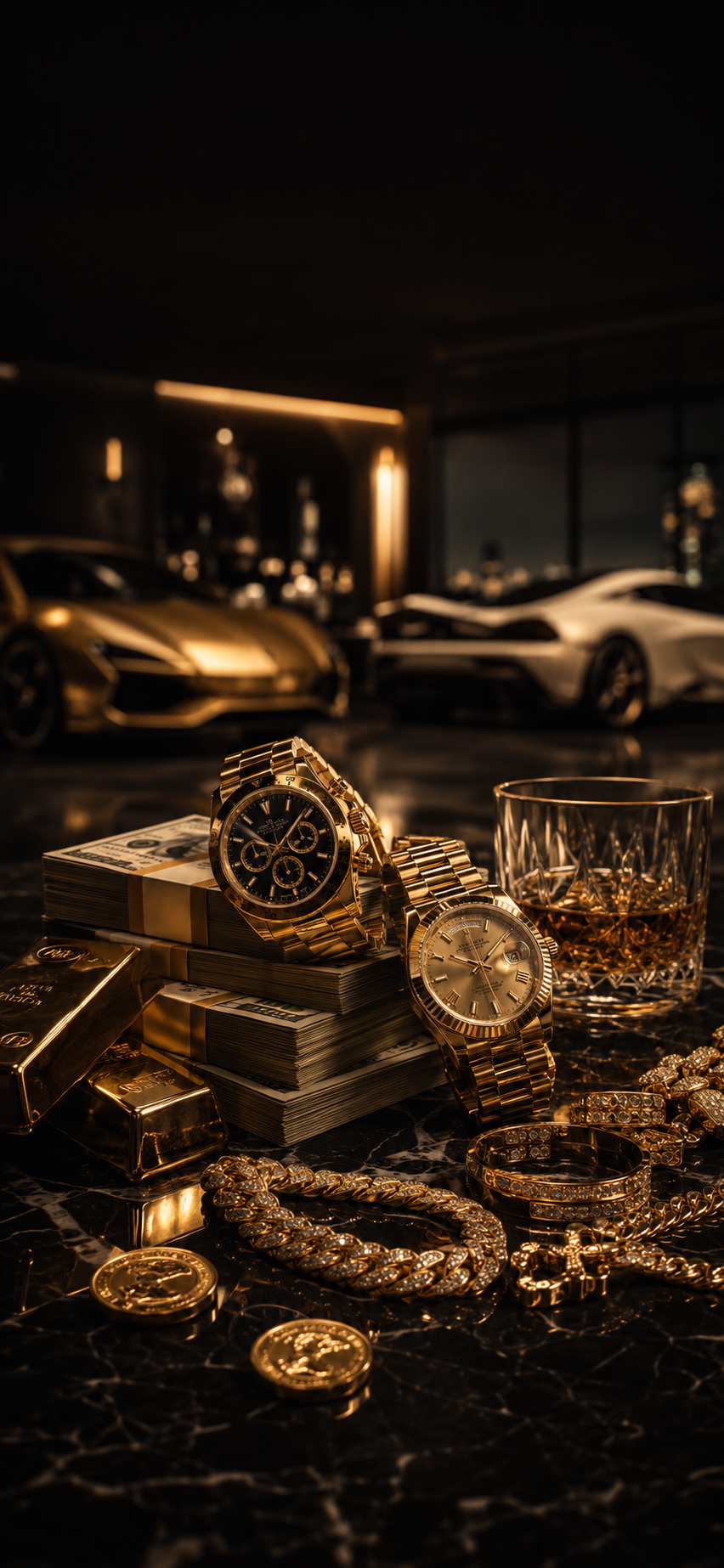 Luxury wallpaper showing gold watches, cash stacks, gold bars, jewelry, coins, and blurred sports cars in a warm dark interior.