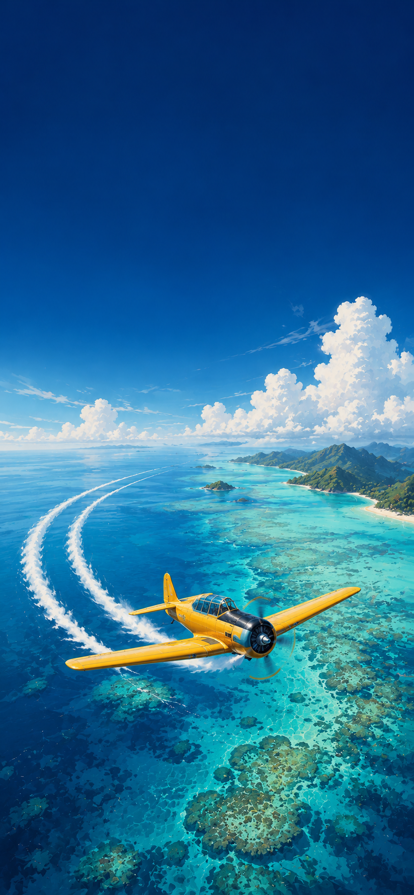 Yellow propeller aircraft flying above turquoise tropical waters with coral reefs and soft clouds.