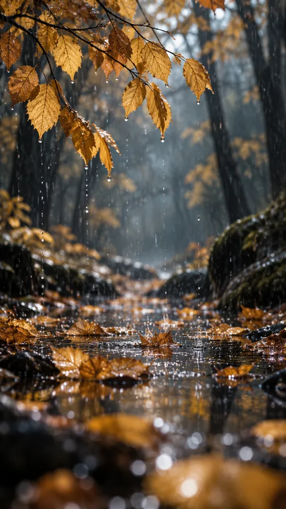 Golden autumn leaves hang above a wet forest floor as rain falls through a cool misty woodland.